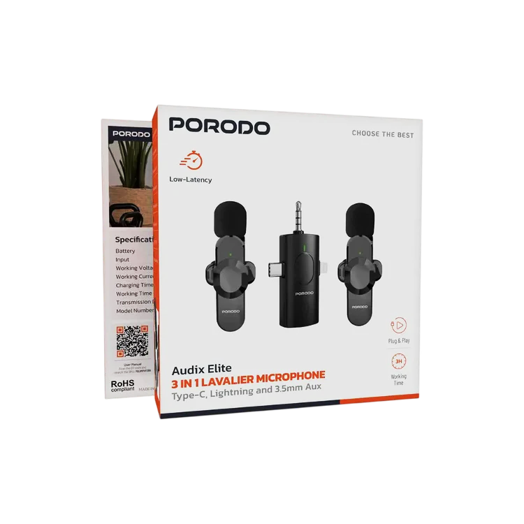 Porodo Audix Elite 3-in-1 Lavalier Wireless Microphone – PDLAMPHF13BK USB-C / Lightning / 3.5mm AUX Dual Mic System (Black)