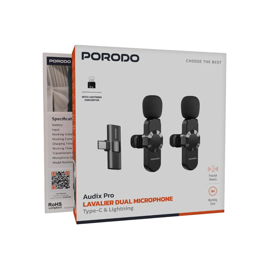 Porodo Audix Pro Lavalier Dual Wireless Microphone – PDLAMPHF3BK Type-C / Lightning / 3.5mm AUX Plug & Play Mic System (Black)