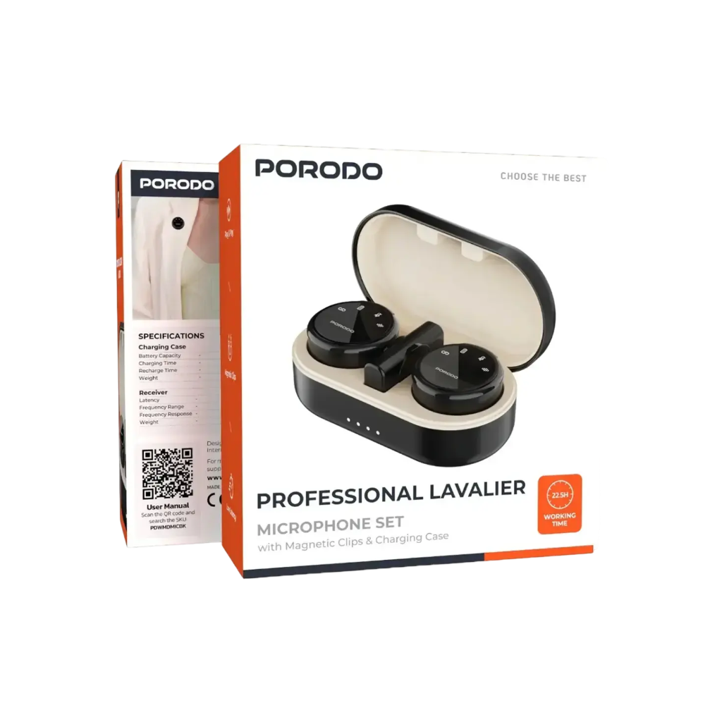 Porodo Lavalier Wireless Microphone PDWMDMICBK – Type-C / Lightning Dual Connector Clip-On Mic with Charging Case (Black)