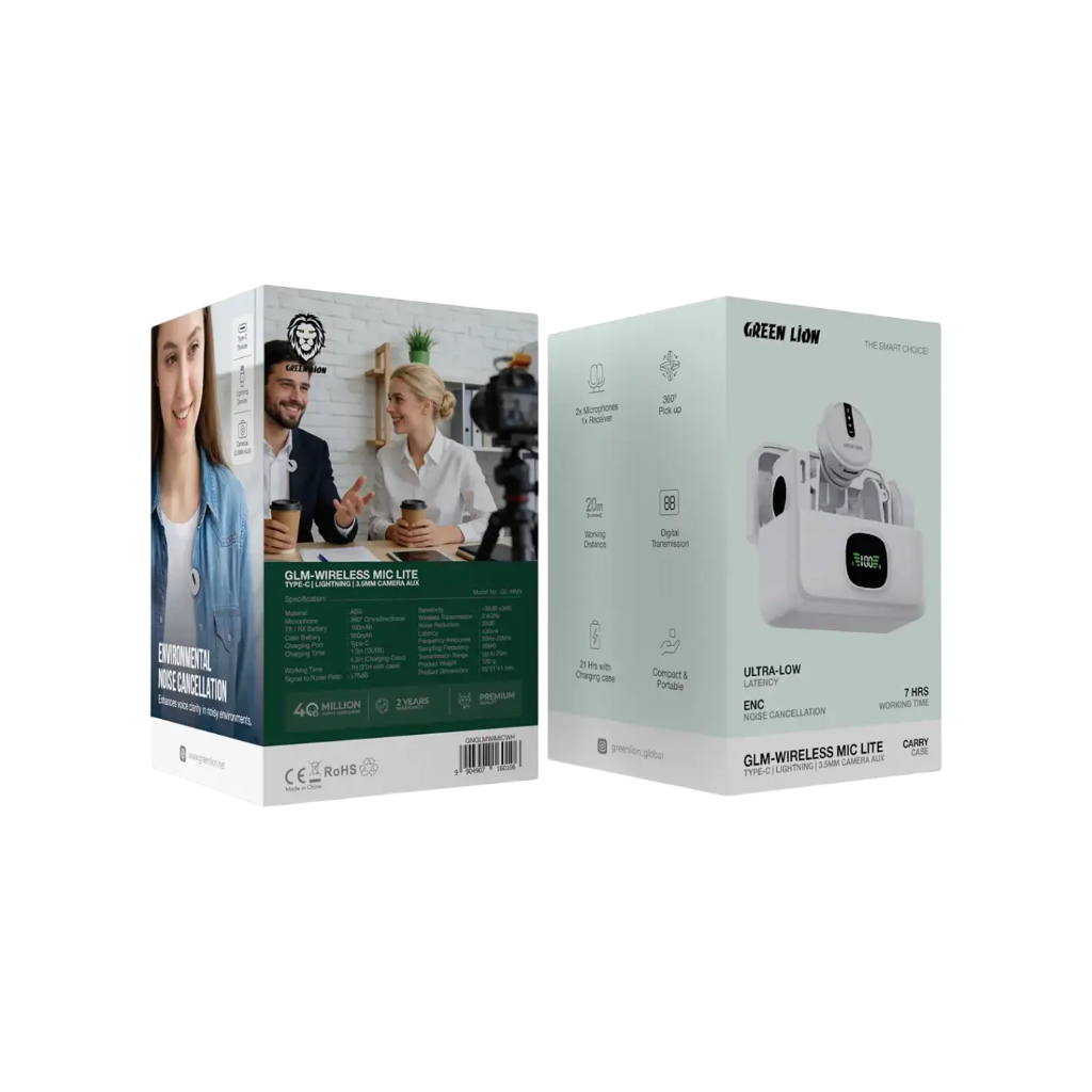 Green Lion GLM Wireless Mic Lite – Universal Type-C / Lightning / 3.5mm AUX Lavalier Microphone (Camera Compatible, White)