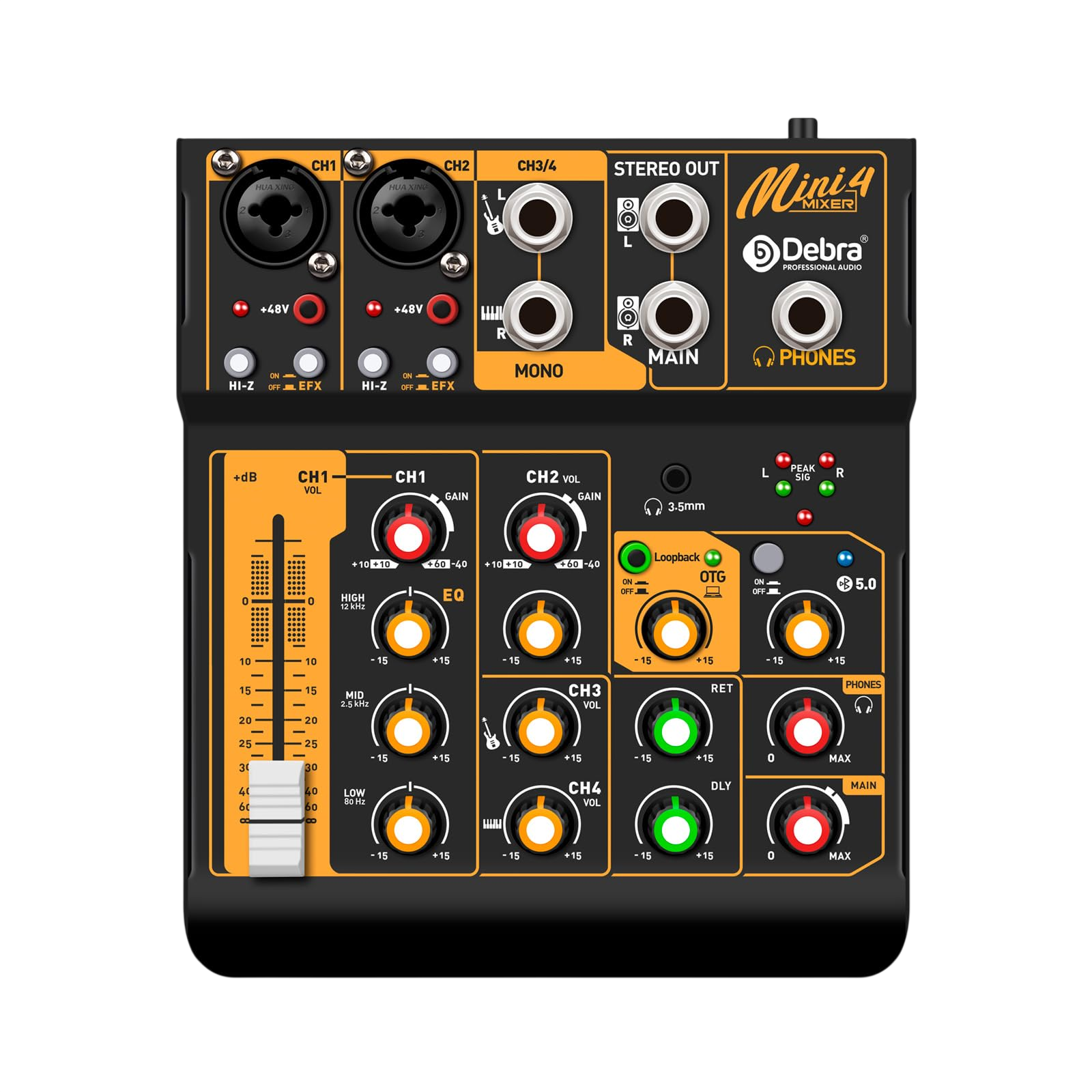 Mini4 Professional Audio Mixer – 4-Channel USB Bluetooth Sound Card with 48V Phantom Power for Streaming, Podcasting & Recording (Mini4)