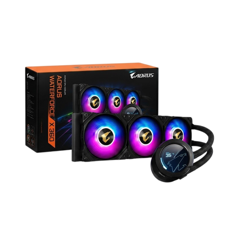 GIGABYTE AORUS WATERFORCE X 360 AIO Liquid CPU Cooler – 360mm ARGB with 60×60mm LCD Display Black