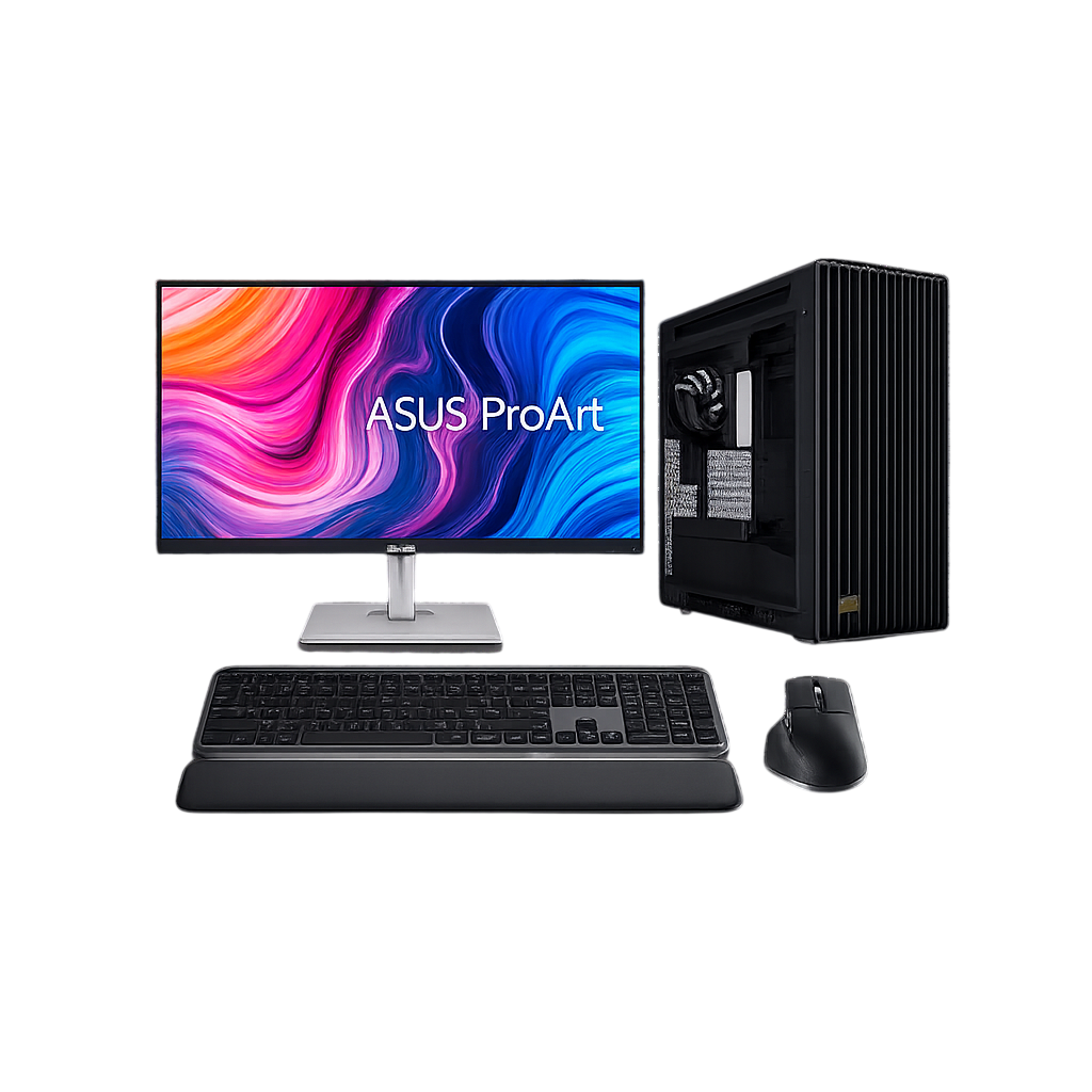 ASUS ProArt Workstation PC – AMD Ryzen 9 9950X, RTX 5080 16GB, 32GB DDR5, 4TB NVMe SSD with 27" ProArt Monitor & Logitech MX Keys S Combo
