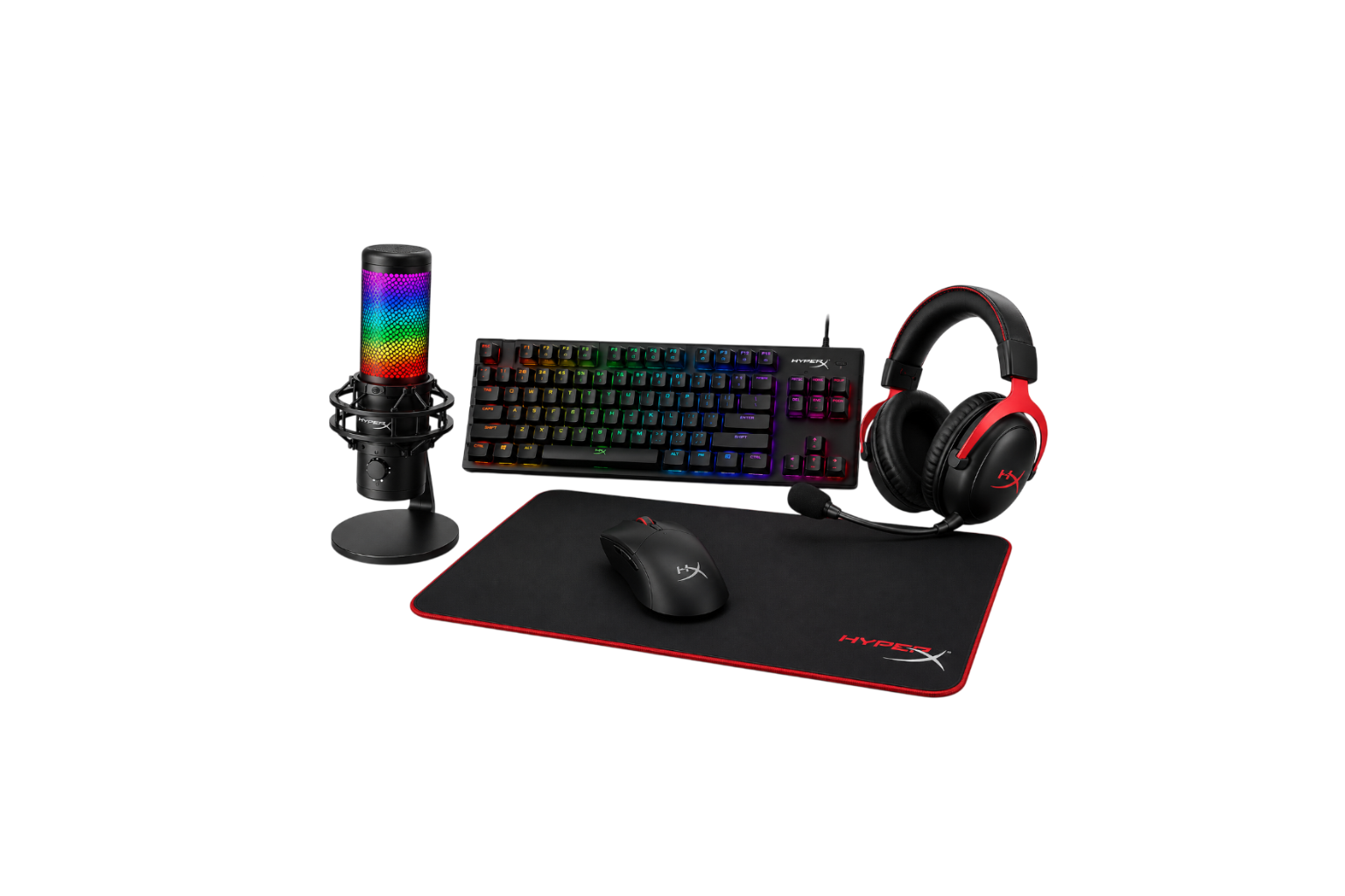 HyperX Complete Gaming & Streaming Bundle – QuadCast 2 S Microphone, Cloud III S Headset, Alloy Origins Keyboard, Pulsefire Mouse & Pulsefire Mat