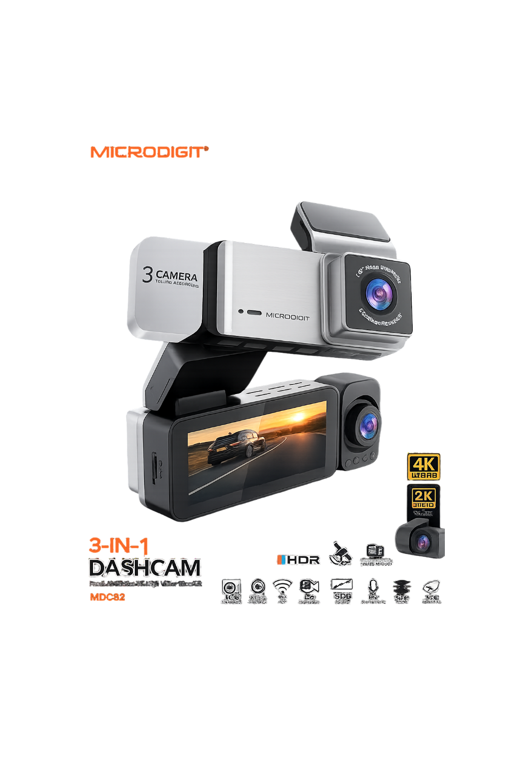 Microdigit MDC82 3-in-1 Dash Cam – 4K Front, 2K Rear & IR Interior Car Camera with Night Vision