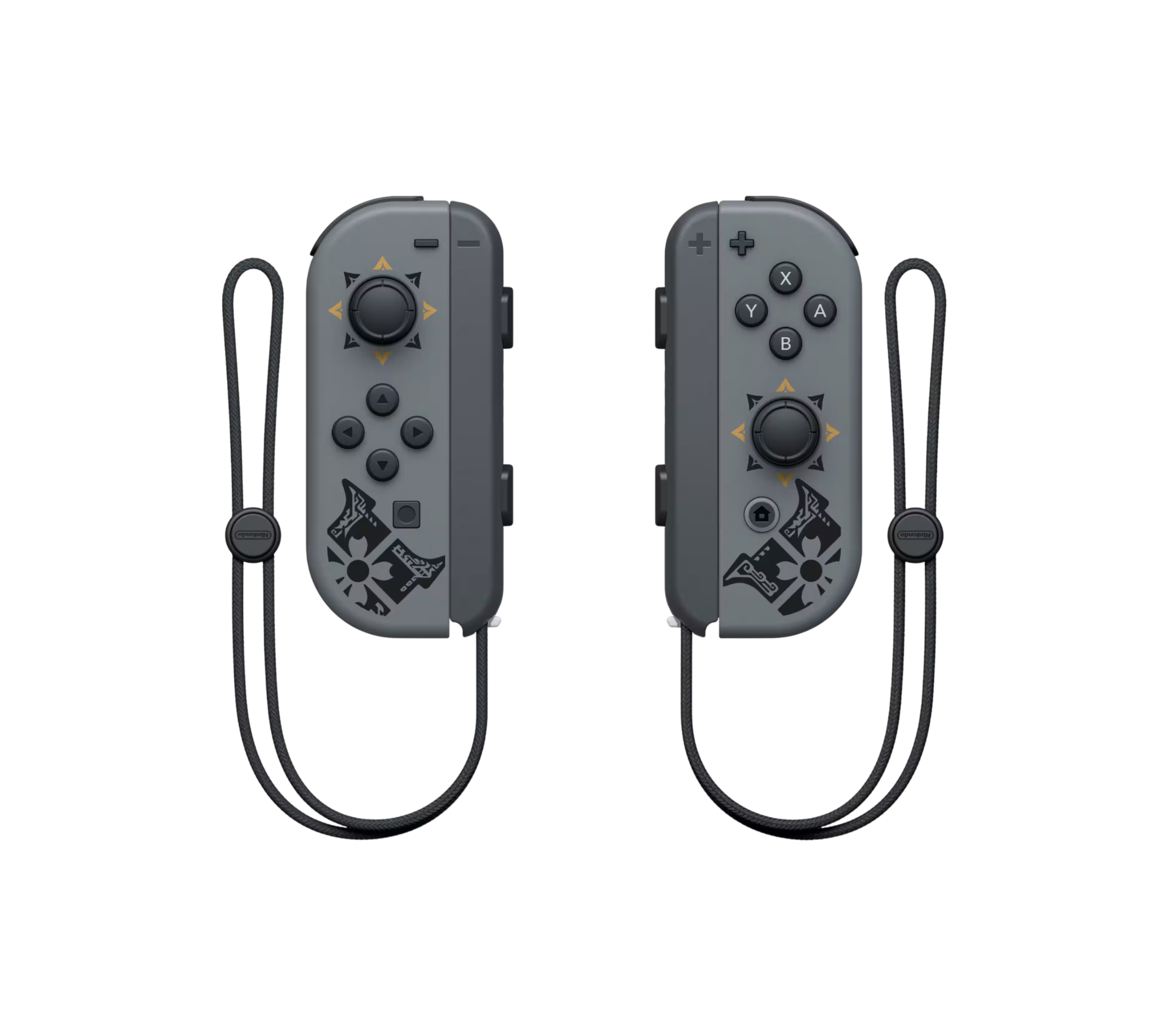 Two gray Nintendo Switch Joy-Con controllers with black wrist straps, featuring black and gold graphics and button labels, shown on a plain white background.