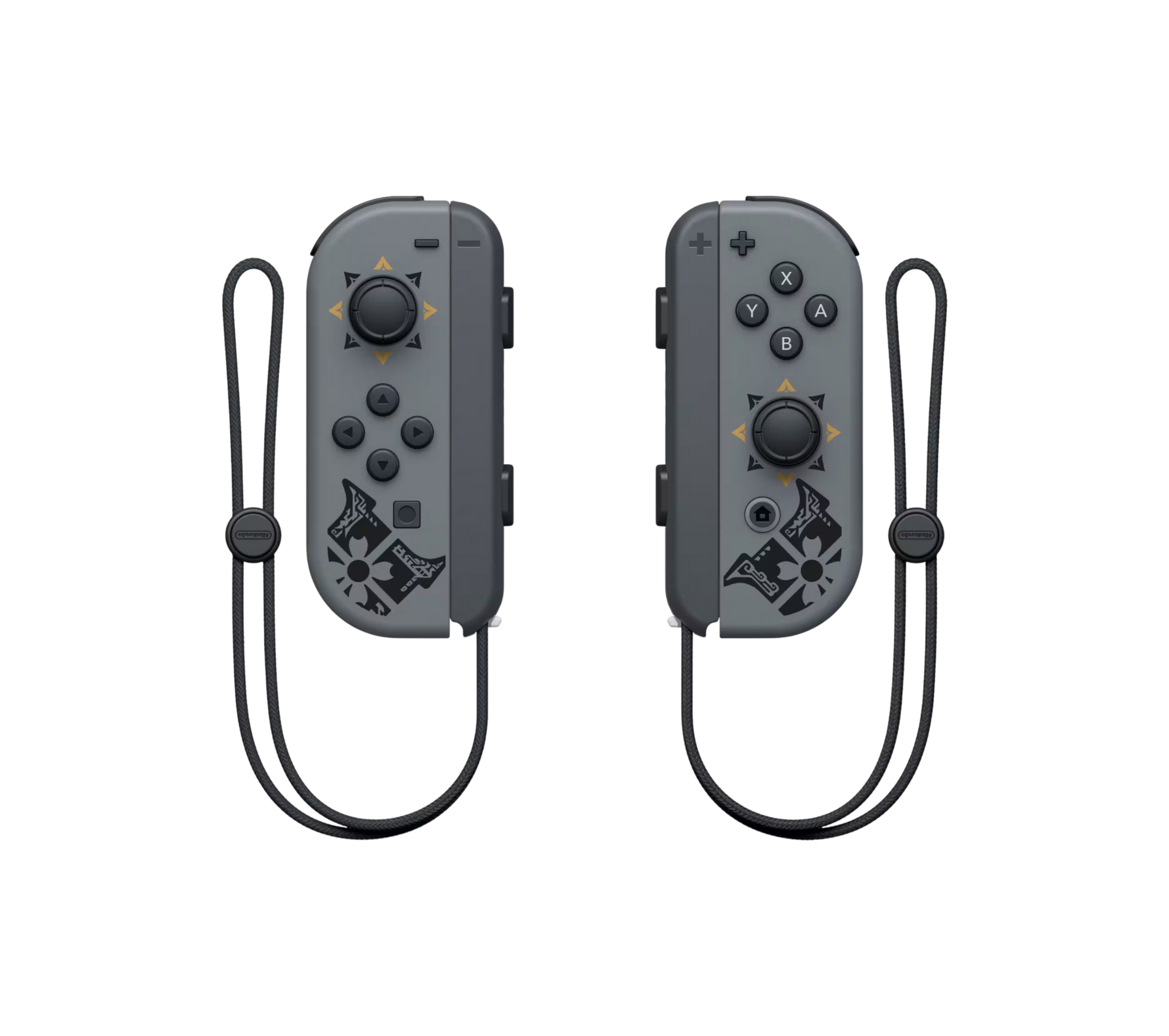 Two gray Nintendo Switch Joy-Con controllers with black wrist straps, featuring black and gold graphics and button labels, shown on a plain white background.