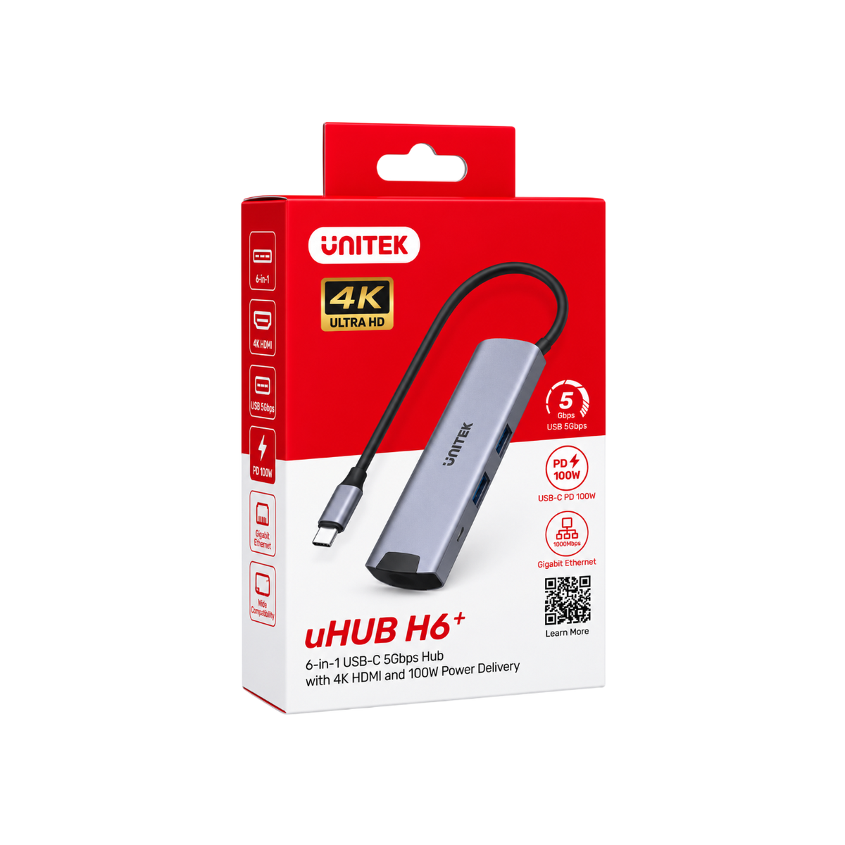 UNITEK UHUB H6+ 6-in-1 USB-C Hub – 5Gbps, 4K HDMI & 100W Power Delivery (H1112F)