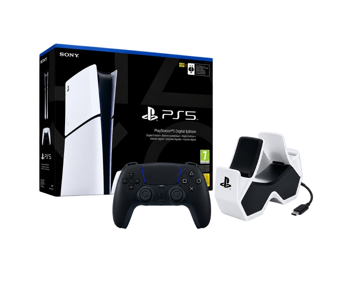 Sony PlayStation 5 Slim Digital Edition Bundle – 825GB Console + DualSense Midnight Black Controller + PowerA Twin Charging Station