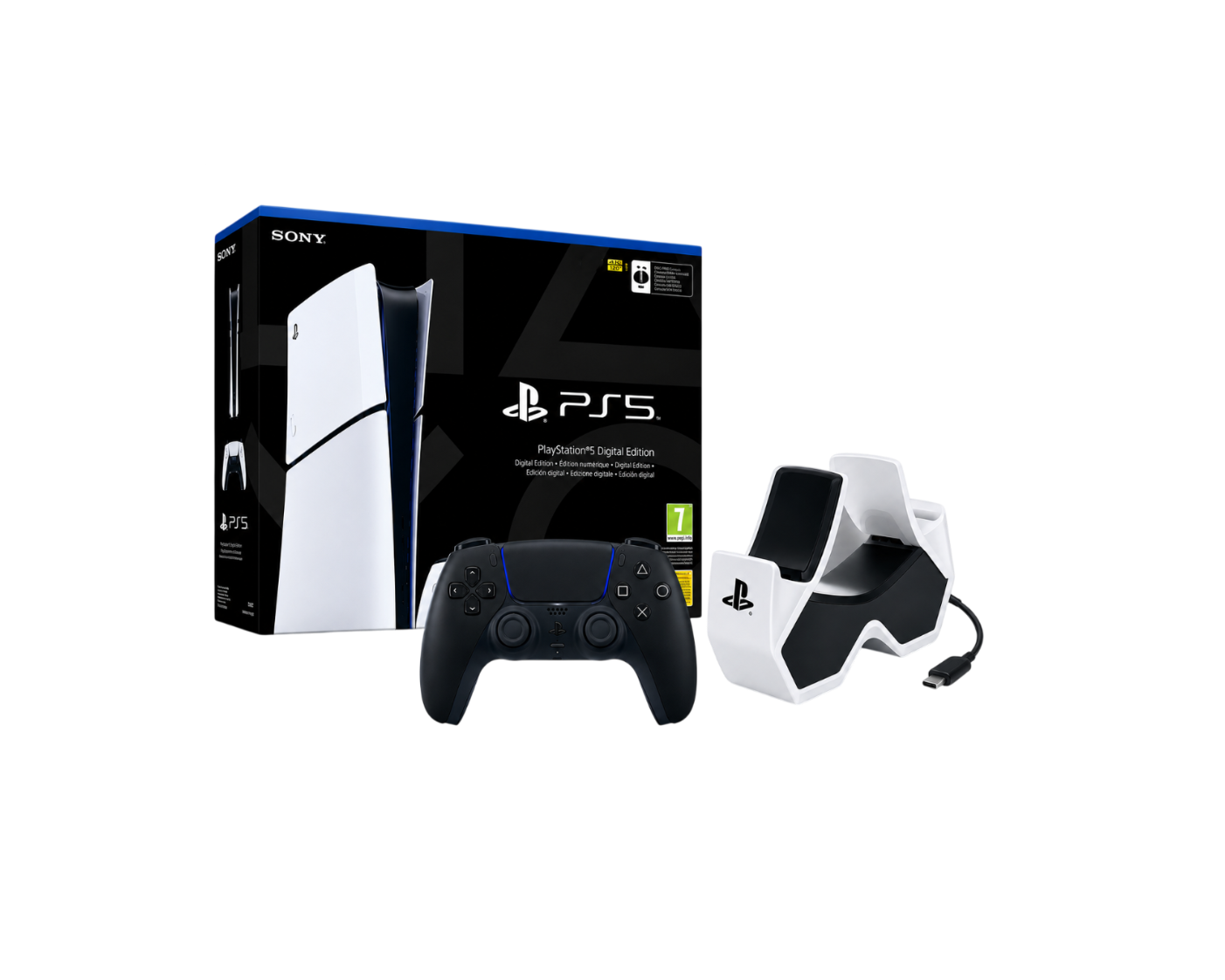 Sony PlayStation 5 Slim Digital Edition Bundle – 825GB Console + DualSense Midnight Black Controller + PowerA Twin Charging Station