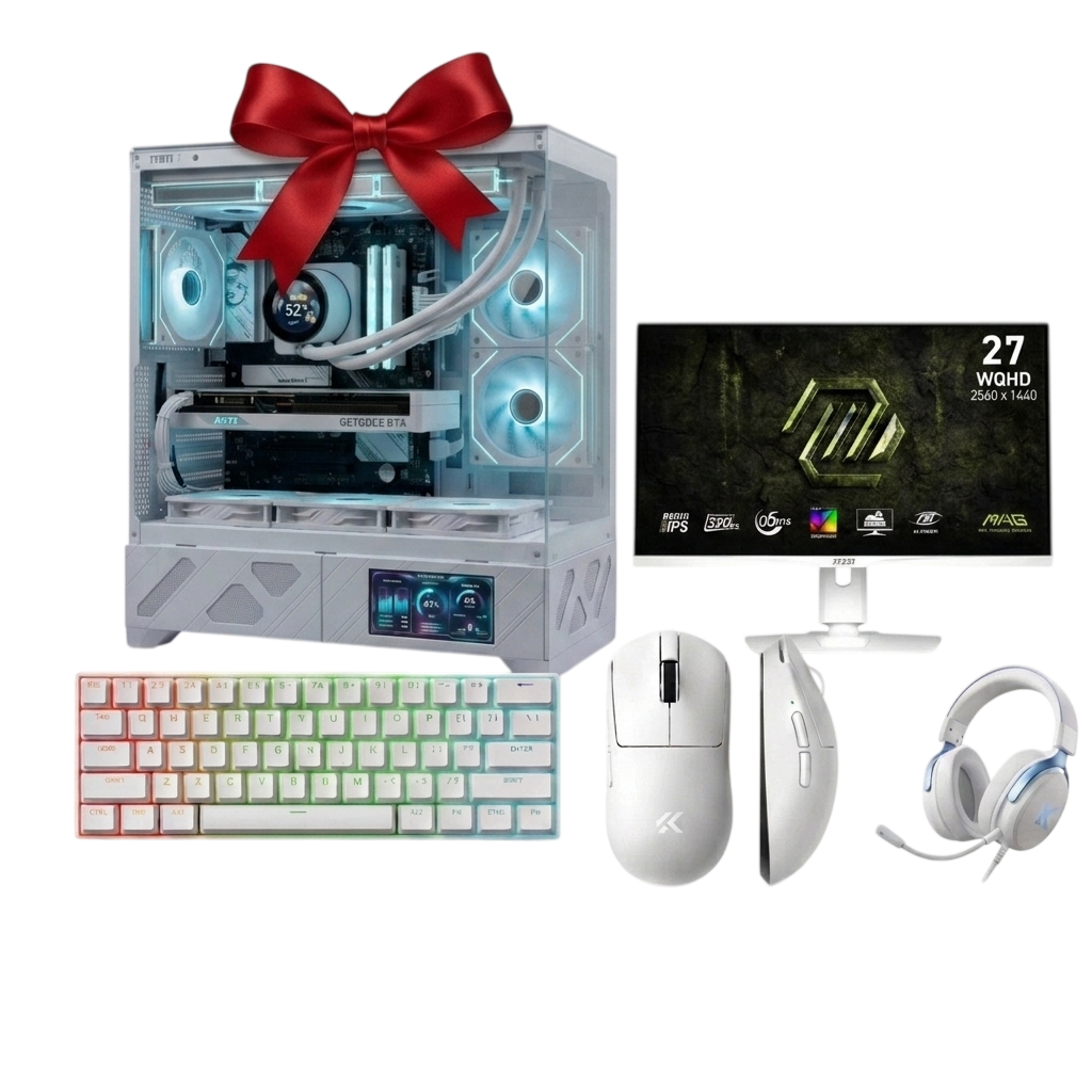 AMD Ryzen 5 9600X Gaming PC Bundle – RTX 5060 OC 8GB | 32GB DDR5 6000MHz | 1TB NVMe SSD + 27” WQHD 320Hz White Gaming Setup