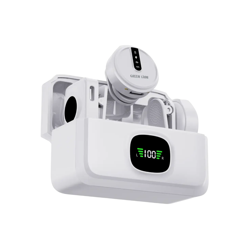 Green Lion GLM Wireless Mic Lite – Universal Type-C / Lightning / 3.5mm AUX Lavalier Microphone (Camera Compatible, White)