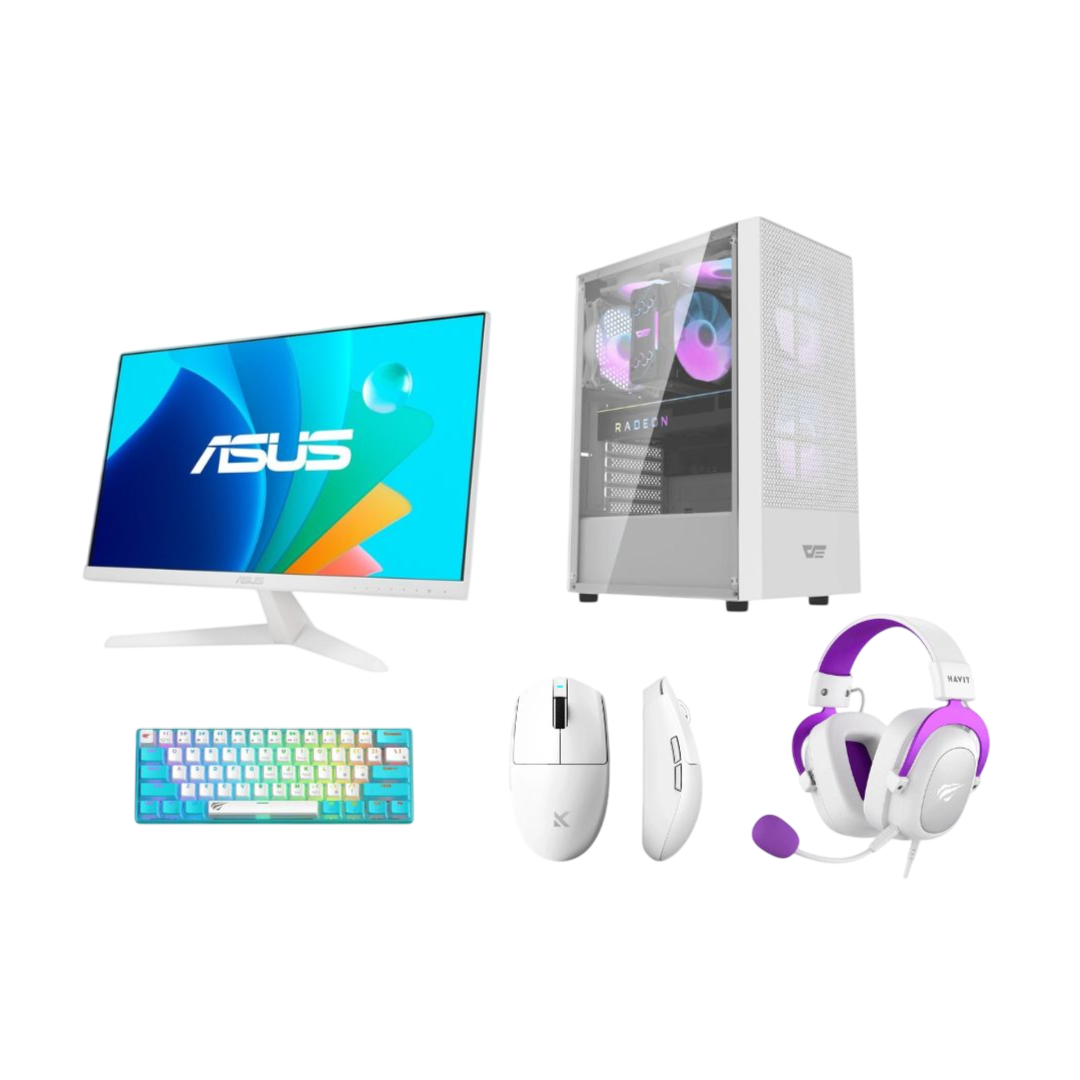 Intel Core i5-12400F White Gaming PC Bundle – RTX 3050 6GB, 16GB RAM, 1TB NVMe SSD, ASUS 24” 100Hz Monitor & Gaming Accessories