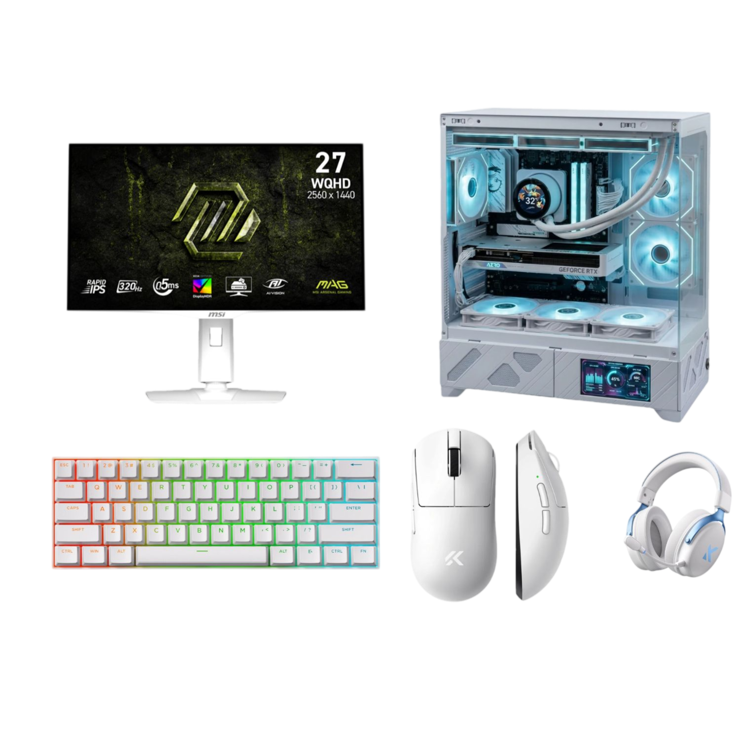 AMD Ryzen 5 9600X Gaming PC Bundle – RTX 5060 OC 8GB | 32GB DDR5 6000MHz | 1TB NVMe SSD + 27” WQHD 320Hz White Gaming Setup