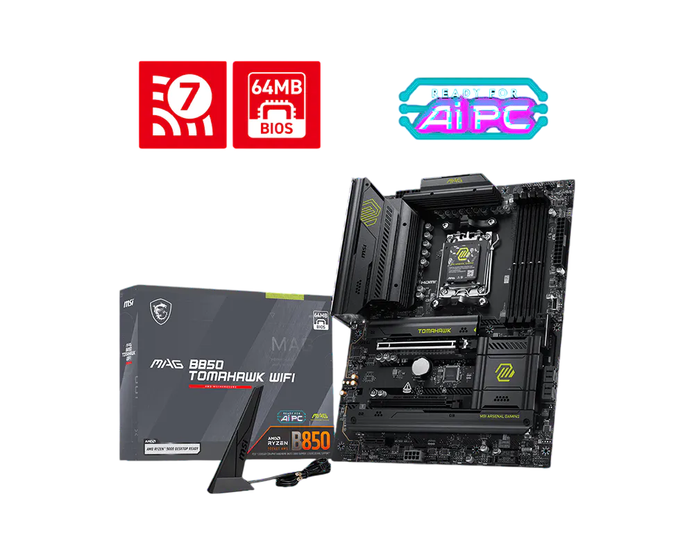 MSI MAG B850 TOMAHAWK WIFI DDR5 Motherboard – AM5, PCIe 5.0, WiFi 7, 5G LAN, ATX Gaming Board