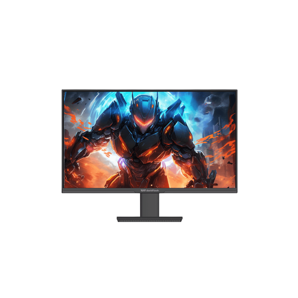 A black Dell Precision gaming monitor displaying a futuristic armored character with glowing orange details against a blue and orange sci-fi background. The monitor is shown from a front-facing angle on a solid white background.