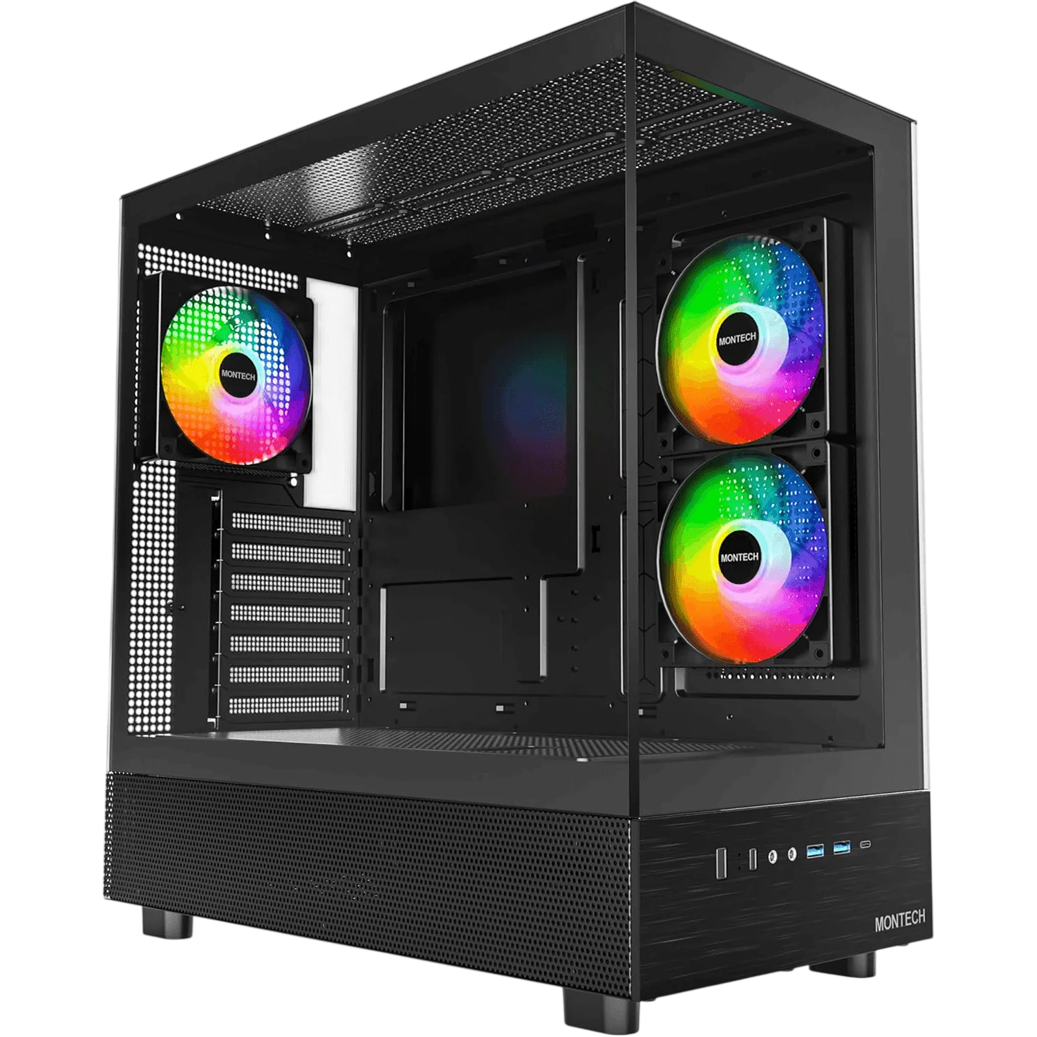 MONTECH XR Black ATX Mid-Tower PC Case – Panoramic Tempered Glass, ARGB Fans, USB-C Support