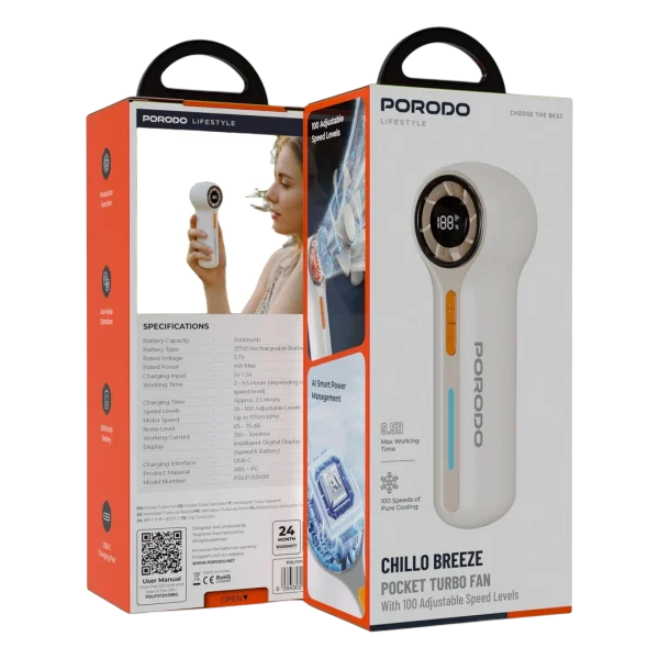 Porodo Lifestyle Chillo Breeze Pocket Turbo Fan – 100 Adjustable Speed Levels Portable Rechargeable Fan