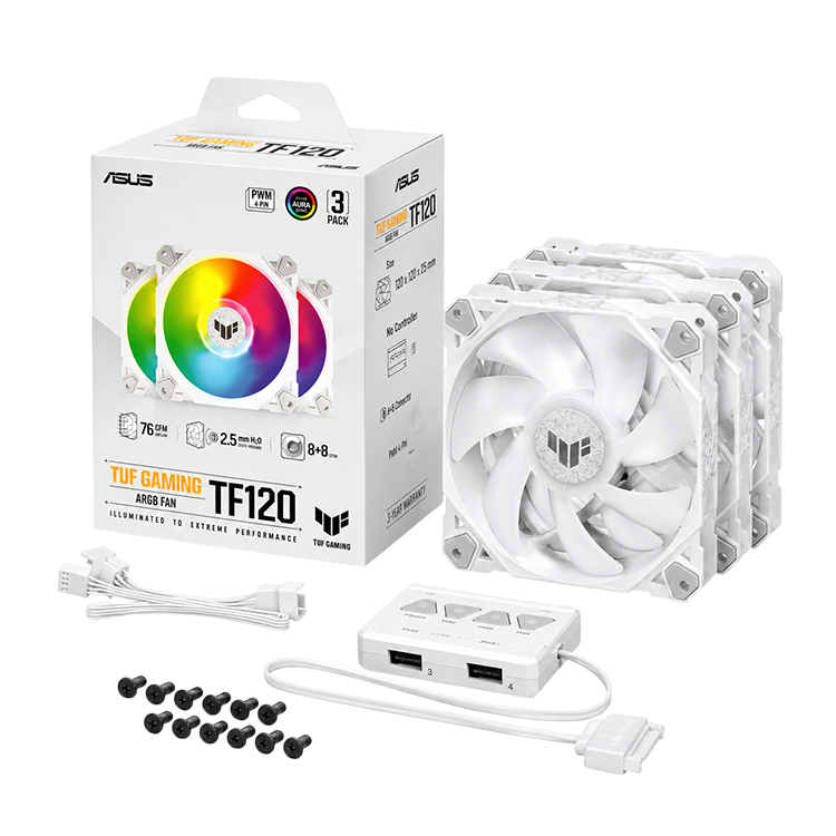 ASUS TUF Gaming TF120 ARGB White Fan Triple Kit – 120mm PWM Cooling Fans with ARGB Controller