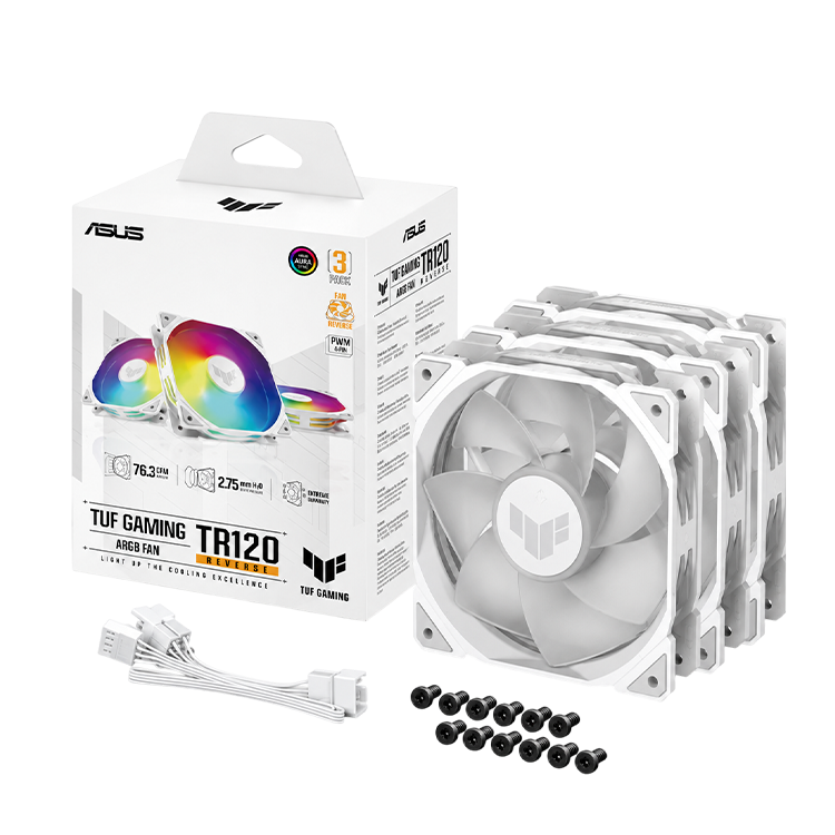 ASUS TUF Gaming TR120 ARGB Reverse White Fan Triple Pack – 120mm PWM Reverse Blade Cooling Fans (3-in-1 Kit)