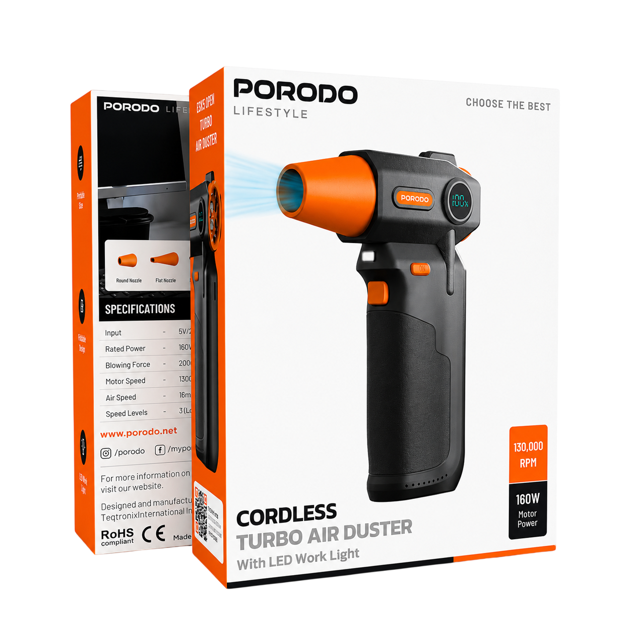 Porodo Lifestyle Cordless Turbo Air Duster with LED Work Light – Black, Rechargeable Cleaning Blower