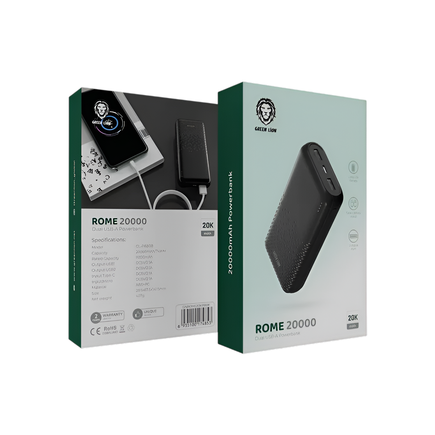 Green Lion Rome 20000mAh Power Bank GNRME20KPD2BK – PD 20W Fast Charging Portable Power Bank (Black)