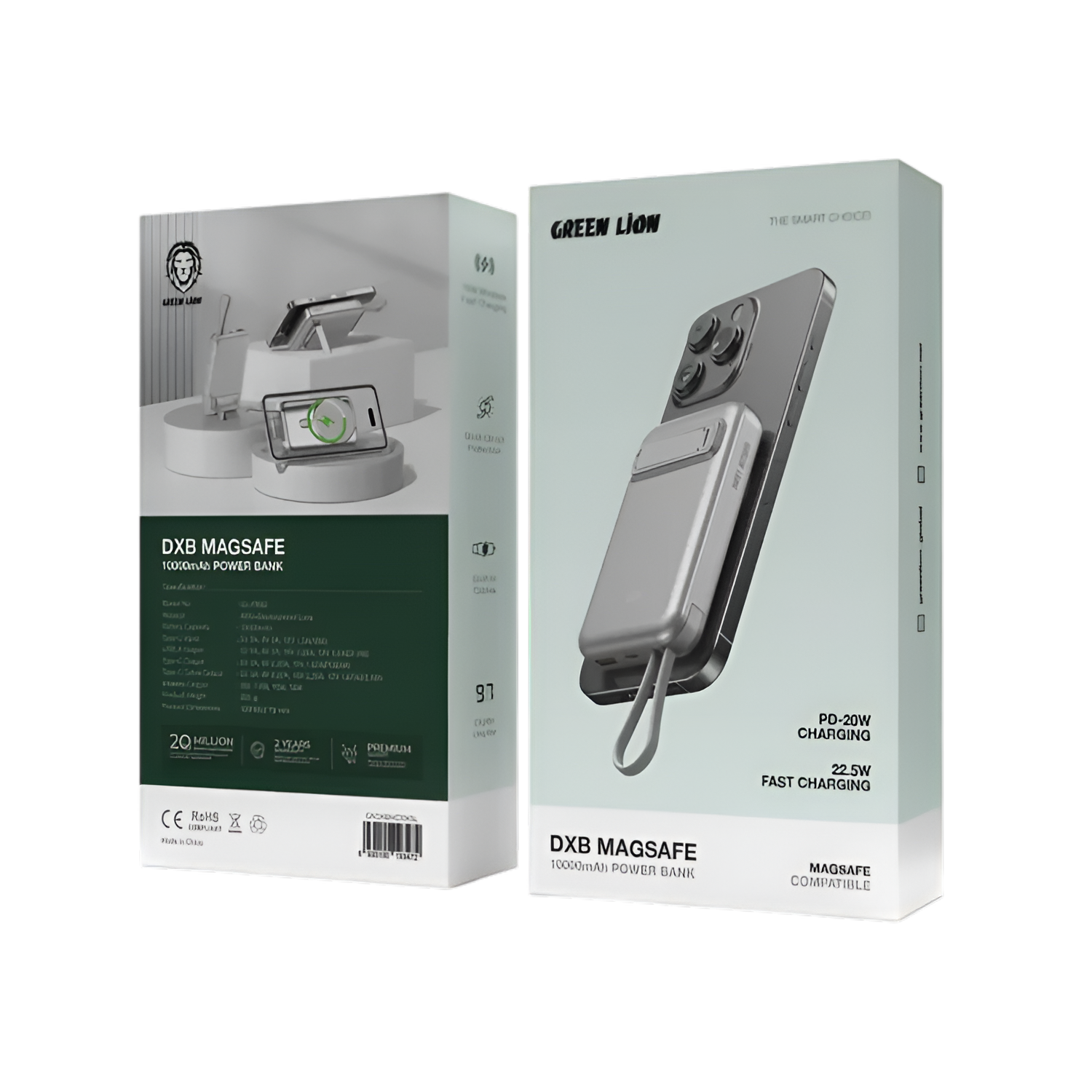 Green Lion DXB MagSafe 10,000mAh Power Bank – GNDXBMG10KSL | Wireless 15W Fast Charging Power Bank with Built-in Type-C Cable, PD 20W & 22.5W Output, LCD Display Silver