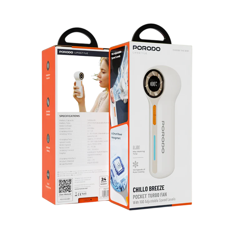 Porodo Lifestyle Chillo Breeze Pocket Turbo Fan – 100 Adjustable Speed Levels Portable Rechargeable Fan