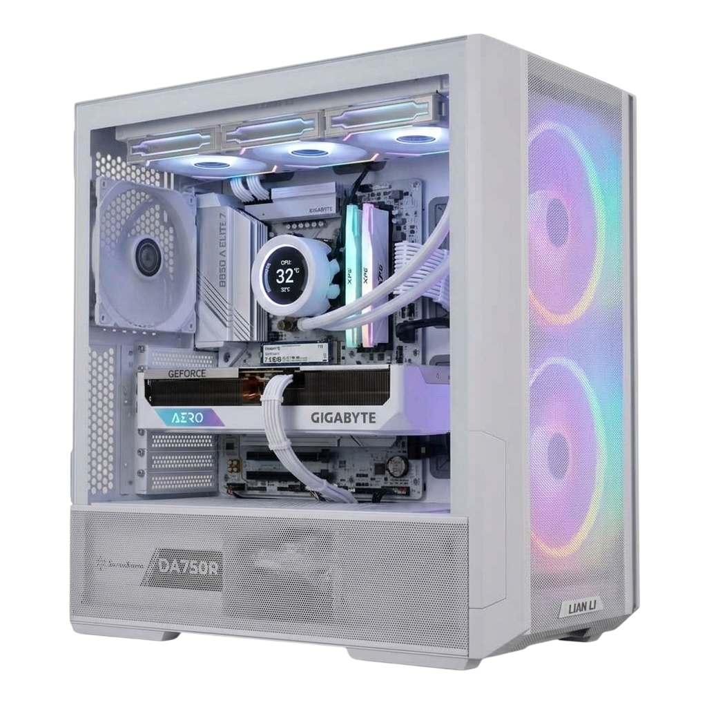 AMD Ryzen 7 7800X3D Gaming PC – RTX 5070 AERO 12GB, 32GB DDR5, 1TB NVMe, 360mm LCD Liquid Cooling, White RGB Build